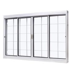 Janela de Aço de Correr Central 100x150cm 4 Folhas com Grade Quadriculada e Vidro Liso Qualitysol Ramassol Branco