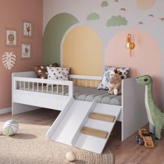 Cama Montessoriana de Solteiro com Escada e Escorrega Linha Affetto Cor Branco com Colchão Incluso Branco