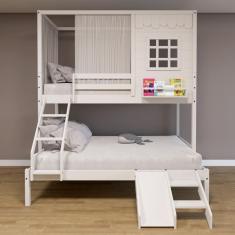 Beliche Casinha Reta Casal/ Solteiro com Escorregador e Cortina Madeira Maciça Branco Housin