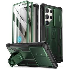 Capa Poetic Spartan para Galaxy S24 Ultra de 6,8”, capa de câmera deslizante, película compatível com sensor de impressão digital, à prova de impacto de grau militar com suporte, verde-metálico