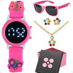 Relógio Digital Infantil Pink Menina + Brinco + Colar Brinco Rosa Criança Pulseira ajustável Caixa