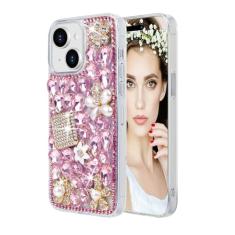 Losin Compatível com iPhone 14 Plus Bling Case para mulheres meninas bonito luxo 3D glitter diamante cristal strass brilhante pedra preciosa brilhante e capa de flor TPU macio, rosa