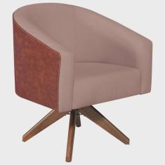 Poltrona Luiza Base Giratória de Madeira Sintético Nozes e Linho Rosê - adj Decor