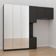 Guarda Roupa Modulado de Solteiro com Espelho e Mesa de Cabeceira Esquerda 7 Portas 3 Peças Hera Cab Preto/Cromado