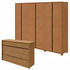 Conjunto de Guarda-Roupa Casal Leder 6 Portas com Pés e Cômoda 8 Gavetas Urban Amêndoa Clean