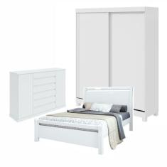 Quarto com Guarda-Roupa Casal 2 Portas 2 Gavetas, Cômoda 2 Portas 7 Gavetas e Cama Reali Branco