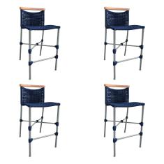 Kit 4 Banquetas Anne em Corda Náutica Base em Alumínio Cinza com Detalhe em Madeira Azul Marinho