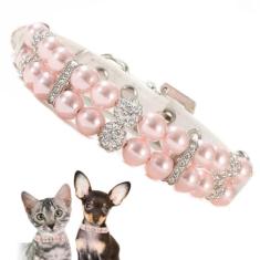 Coleiras de pérola rosa para cães médios, colar de gato com pérolas brilhantes de cristal chique strass colar de filhote de cachorro de luxo com contas diamante menina joia para animais de estimação