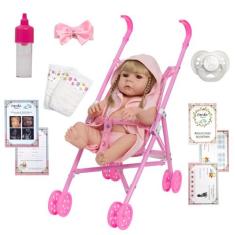 Boneca Reborn Loira Cabelo Longo Kit Roupão + Carrinho - Cegonha Rebor
