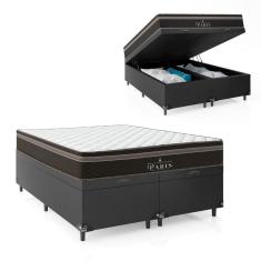Cama Box Baú Queen Bipartido + Colchão Paris Molas Ensacadas - 66x158x198cm - Couro Preto