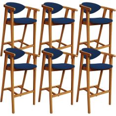 Kit 06 Banquetas Alta Cozinha Bancada Bar Sala de Jantar Fixa Cecília L02 Suede Azul Marinho - Lyam