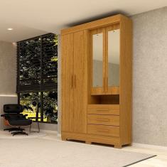 Guarda-Roupa Solteiro 119,60cm 4 Portas 3 Gavetas Capelinha com Espelho 100% MDF Débora Cinamomo