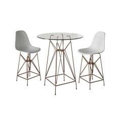 Jogo Mesa Bistrô Eames Vidro 60Cm 2 Banquetas Branca Base Ferro Cobre 
