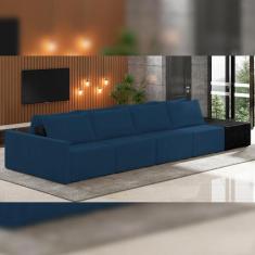 Sofá Ilha Modular Para Sala 432cm com Puff Dublin K01 Veludo Azul Mari