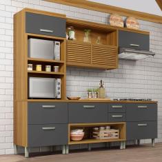 Cozinha Completa em MDF Nesher Princesa com 6 Portas 4 Gavetas e 12 Prateleiras - Freijo/Grafite 270cm