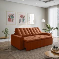 Sofá Cama Retrátil e Reclinável 3 Lugares 260cm em Veludo com Molas e Braço Reto Palmeira Cabecasa M Terracota