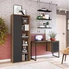 Conjunto Home Office Livreiro 1 Porta 5 Prateleiras e Escrivaninha 3 Gavetas Placa e Ponto Grafite/mel
