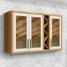Armário Aéreo de Cozinha 120cm 3 Portas com Vidro Reflecta 100% Mdf Barbados Espresso Móveis Amêndoa/Off White