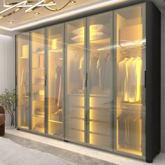 Guarda Roupa Casal com Vidro Reflecta LED e Pés 6 Portas 100 MDF Innova Gelius - Preto Acetinado
