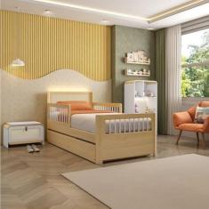 Bicama Solteiro Wave Juvenil Reversível Led com Rattan Grade de Proteção, Peseira em Palito Casatema Branco/Natural