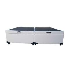 Cama Box Baú Queen Bipartido Blindado Sintético Branco Com Pistão A Gás