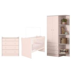 Guarda Roupa Cantoneira, Berço e Cômoda Trocador Rosa - Qmovi