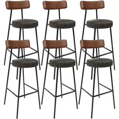 Kit 06 Banquetas Alta Cozinha Sala De Jantar Milão L02 Couríssimo Marrom Linho Chumbo - Lyam Decor