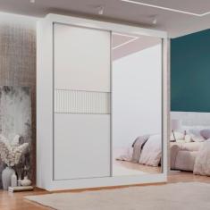 Guarda Roupa Casal 2 Portas 3 Gavetas com Espelho 100% Mdf Grécia Ripado Branco