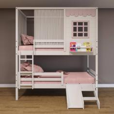 Beliche Casinha Reta com Grade Removível Escorregador e Cortina Madeira Maciça Branco/ Rosa Housin