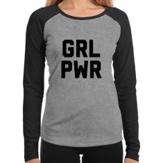 Baby Look Raglan Grl Pwr - Girl Power Manga Longa - Foca na Moda, Cinz
