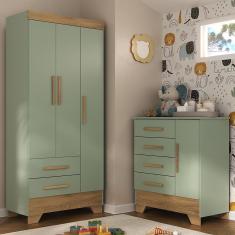 Quarto Infantil Completo Guarda Roupa 3 Portas 2 Gavetas Com Cômoda Selene Espresso Móveis Verde Fosco-nature