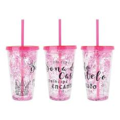 Copo de Plástico 450ml Shine Teen com Canudo - Art Brink, Rosa