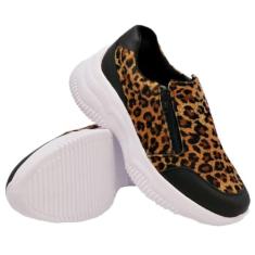 Tenis Chunky Feminino Estampa Onça sem Cadarço com Ziper e Sola Alta