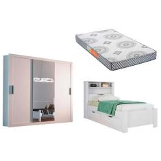 Cama Solteiro Invcta + Pérola Polar + Guarda Roupa Veneza Luxo Branco 