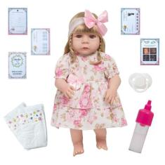 Boneca Reborn Menina Loira 100% Silicone Vestido Florido - Cegonha Reb