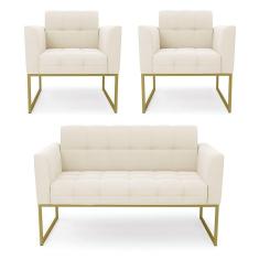 Kit 1 Sofá Namoradeira E 2 Poltronas Elisa Veludo Bege Base Metálica Industrial Dourado - D'rossi