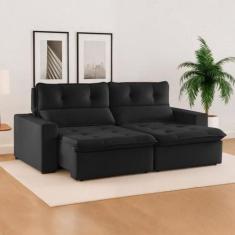 Sofá Retrátil e Reclinável 3 Lugares Suede Capitonê Beny 200cm Preto -