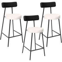 Kit 03 Banquetas Baixa Cozinha Sala Jantar Bancada Milão L02 Couríssimo Preto Linho Cru - Lyam Decor