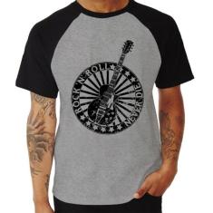 Camiseta Raglan Rock n Roll Never Die Guitarra - Foca na Moda, Cinza, 