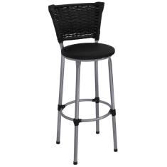 Banqueta Alta Prata com Encosto Junco Preto Assento Preto