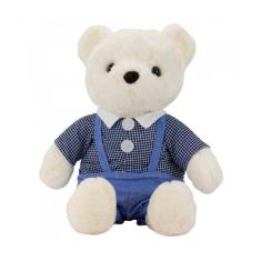 Urso De Pelúcia Branco Com Jardineira Azul 40 Cm