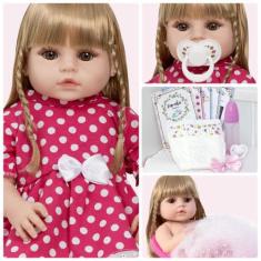 Boneca Estilo Reborn Menina Loira 100% Silicone Enxoval - Cegonha Rebo