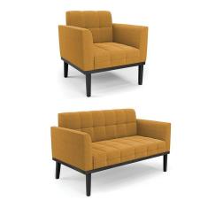 Namoradeira E Poltrona Base Madeira Fixa Pto Elisa Bouclê Mostarda D03 - D`rossi