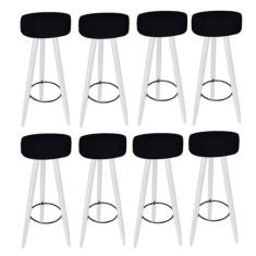 Kit 08 Banqueta Alta Flora Pés Palito em Madeira Branco para Bar Bistr