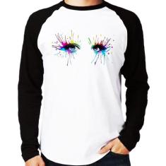 Camiseta Raglan Olhos Cores Pintura Manga Longa - Foca na Moda, Branco