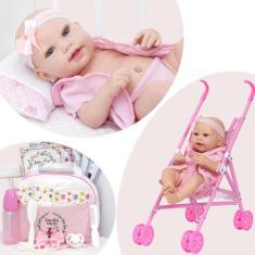 Boneca Reborn Com Carrinho Corpo Vinil Siliconado 21 Itens - Cegonha R