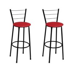 Kit 2 Banquetas Médias Preta com Encosto Assento Vermelho - Fortmix