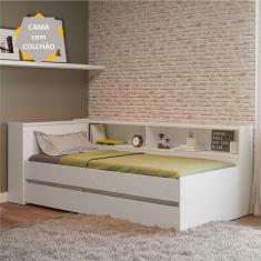 Bicama com Colchão Incluso, Prateleira Lateral e Baú Embutido Multimóveis Branca