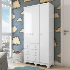 Guarda Roupa Infantil 3 Portas e 3 Gavetas 100% MDF Mimo Branco Brilho