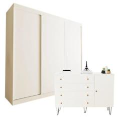 Conjunto Guarda-roupa Casal 3 Portas de Correr e Cômoda 1 Porta 4 Gavetas Branco